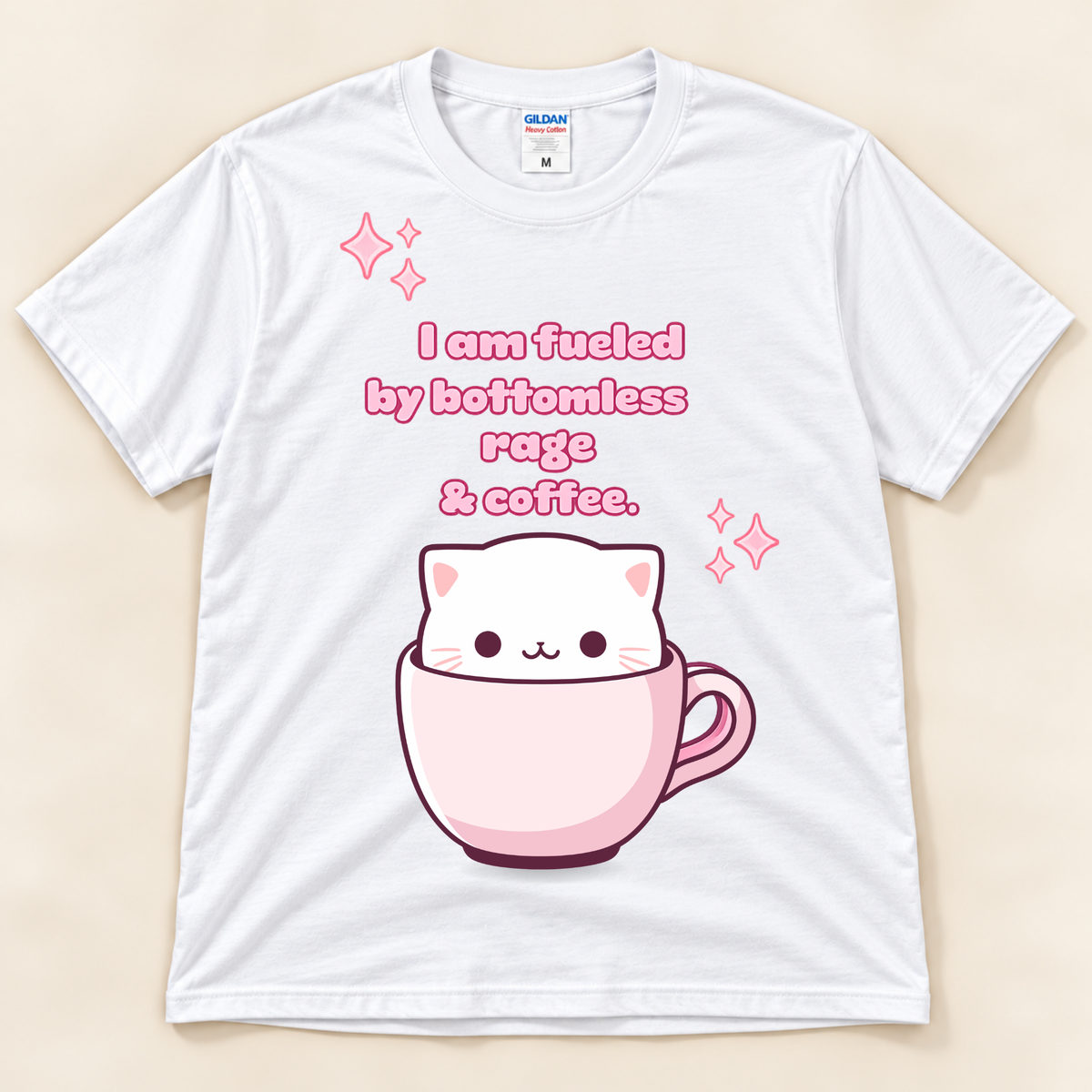 White Gildan 5000 cute coffee cat graphic tee with a pink cup, white cat and funny bottomless rage and coffee design.