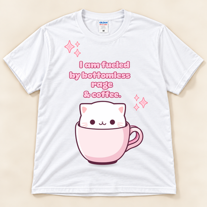 White Gildan 5000 cute coffee cat graphic tee with a pink cup, white cat and funny bottomless rage and coffee design.
