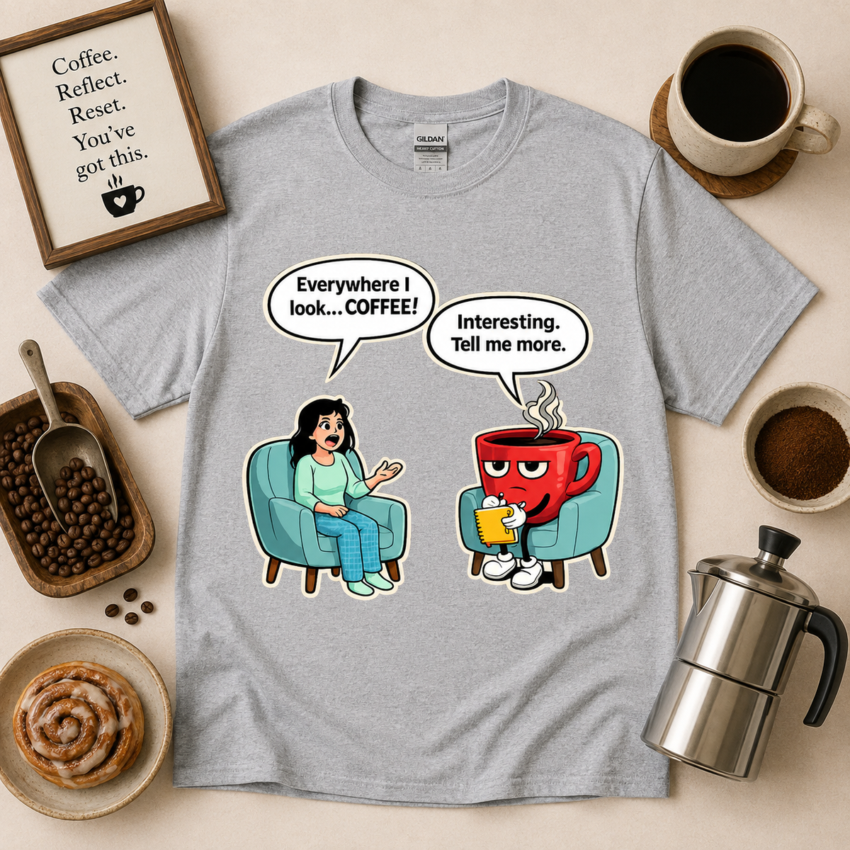 Funny coffee lover graphic shirt on Sport Gray Gildan 5000 featuring Everywhere I Look Coffee therapist coffee mug design cute coffee shop gift USA