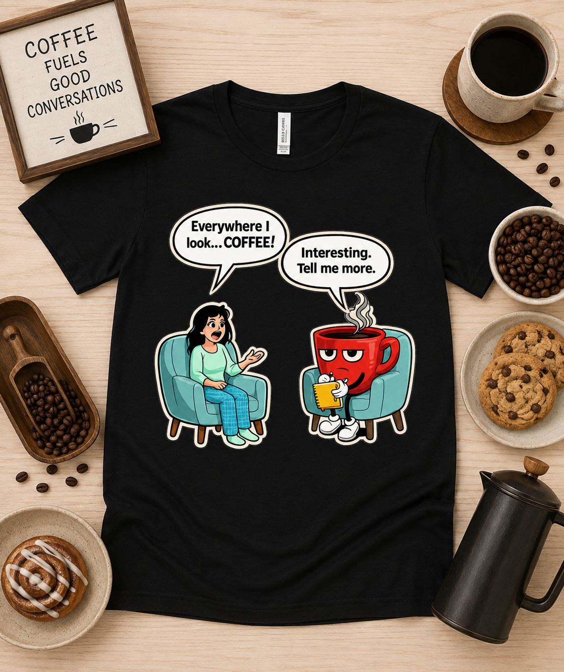 Funny coffee therapist shirt on Black Bella Canvas 3001 featuring Everywhere I Look Coffee talking coffee mug graphic premium soft coffee lover graphic tee gift USA