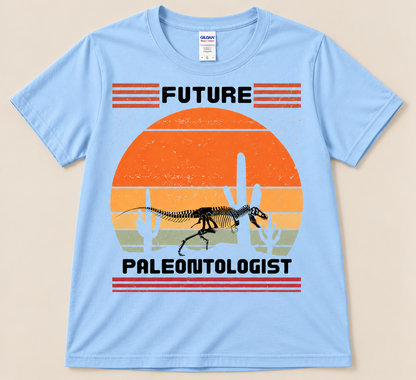 Light Blue Gildan 5000 Future Paleontologist Tee featuring a dinosaur skeleton and colorful retro desert design