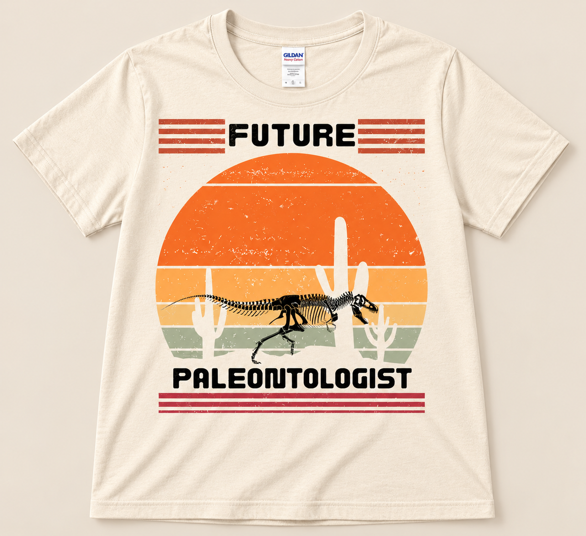 Natural Gildan 5000 Future Paleontologist Tee with dinosaur fossil skeleton, retro desert sunset and cactus graphic