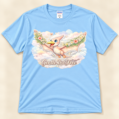 Gentle But Free pterodactyl graphic tee in Light Blue featuring a cute floral flying dinosaur among dreamy pastel clouds from New Chapter Tees, a California small business.