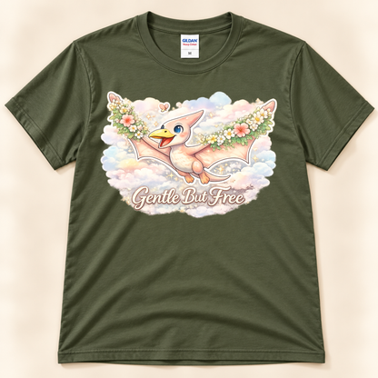 Gentle But Free pterodactyl graphic tee in Military Green featuring a floral flying dinosaur and pastel cloud artwork from New Chapter Tees, a California small business.