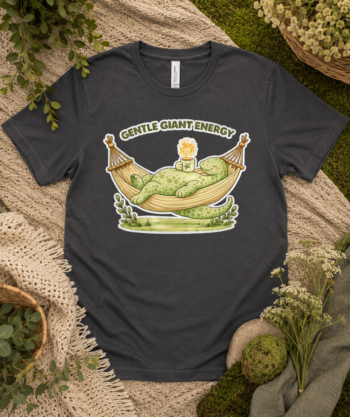 Gentle Giant Energy Bella Canvas Premium Soft Tee in Asphalt with cozy dinosaur hammock design for relaxed casual fashion and thoughtful gifts.