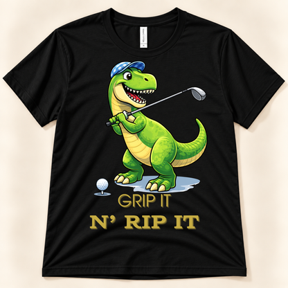 Black Bella Canvas 3001 dinosaur golf tee featuring a T-Rex golfer swinging a club with the funny Grip It N Rip It design.