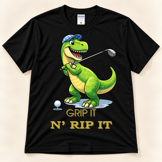 Black Gildan 5000 golf graphic tee featuring a T-Rex swinging a golf club with the funny Grip It N Rip It design.