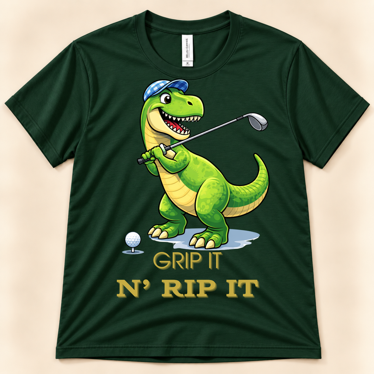 Forest Bella Canvas 3001 funny golf shirt featuring a green T-Rex with a golf club, golf ball and Grip It N Rip It graphic.
