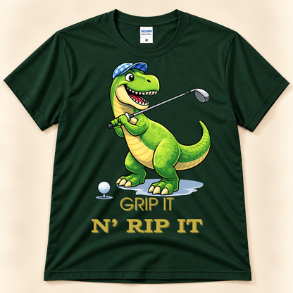 Forest Green Gildan 5000 dinosaur golf shirt featuring a T-Rex golfer with a club, golf ball and Grip It N Rip It design.
