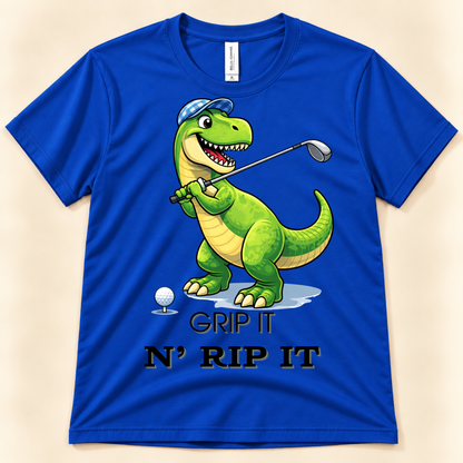 True Royal Bella Canvas 3001 dinosaur golf shirt featuring a T-Rex swinging a golf club with the Grip It N Rip It design.