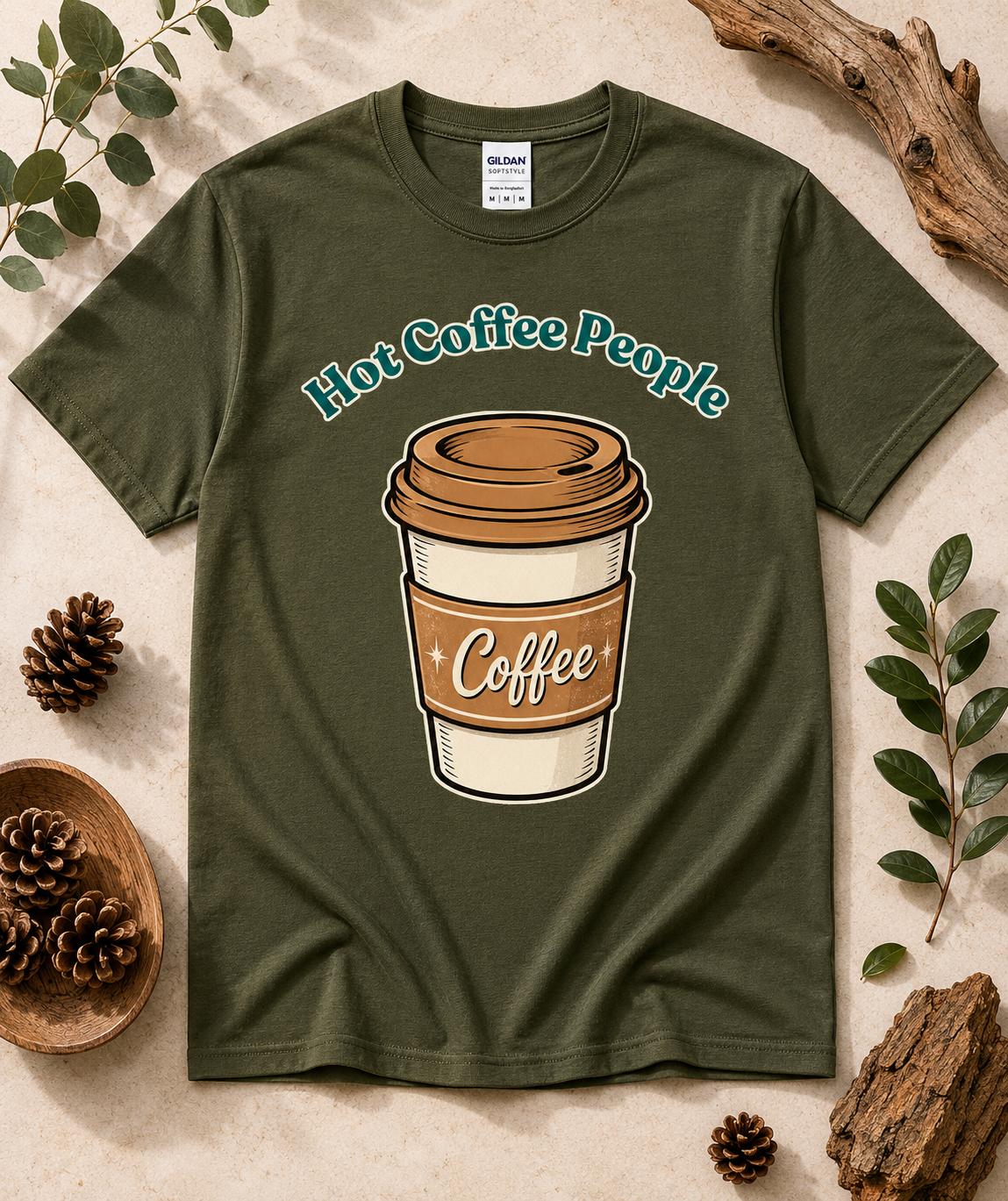 Military Green Hot Coffee People funny coffee lover graphic tee with vintage takeaway coffee cup design cozy café aesthetic apparel for coffee addicts and barista gift ideas