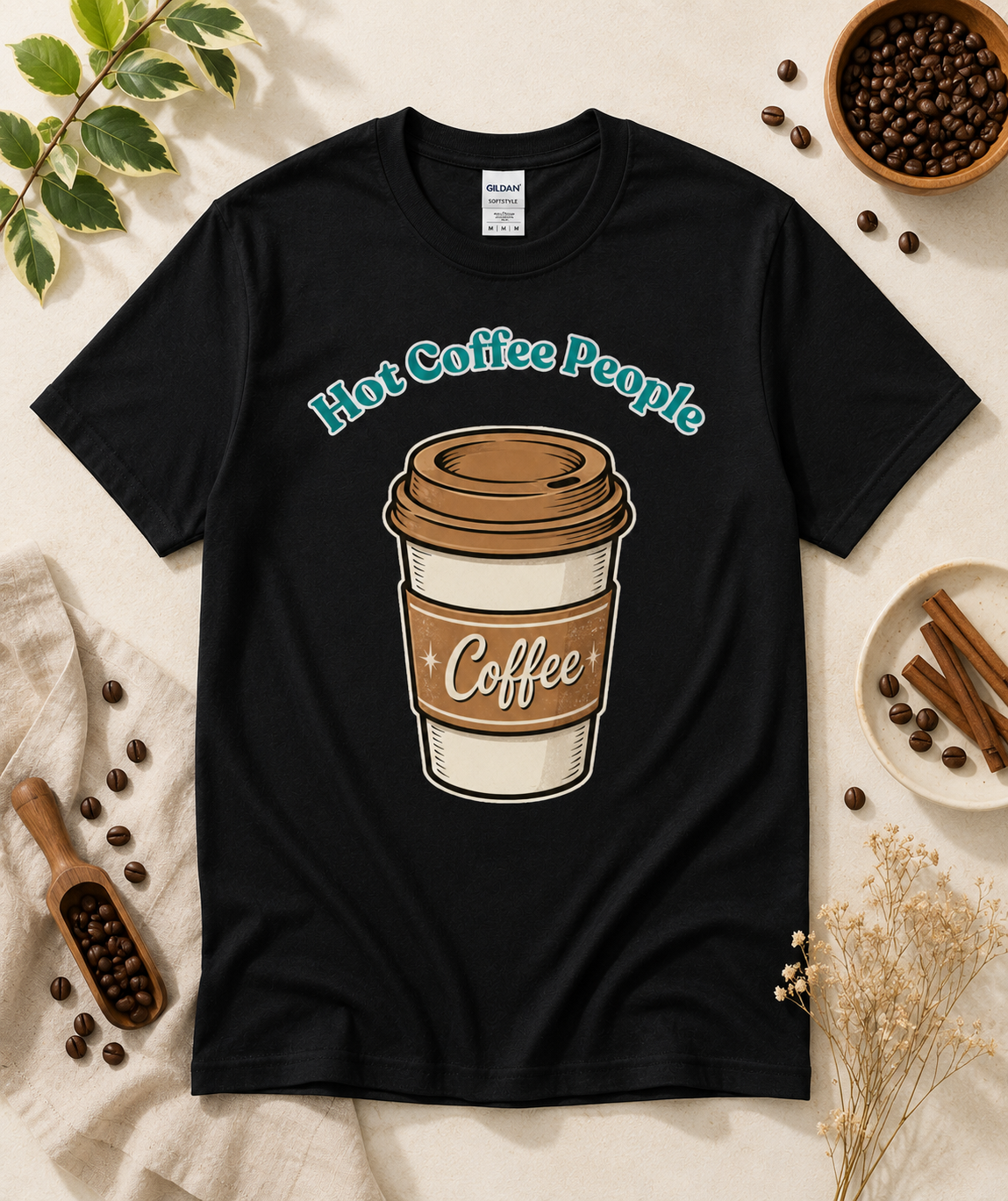 Black Hot Coffee People funny coffee graphic tee with vintage takeaway coffee cup illustration cozy coffee shop aesthetic apparel for espresso and latte lovers