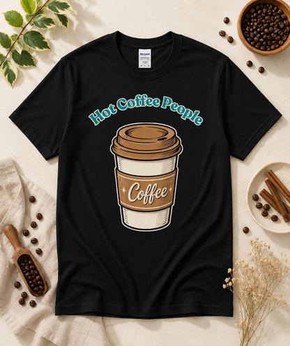 Black Hot Coffee People funny coffee graphic tee with vintage takeaway coffee cup illustration cozy coffee shop aesthetic apparel for espresso and latte lovers