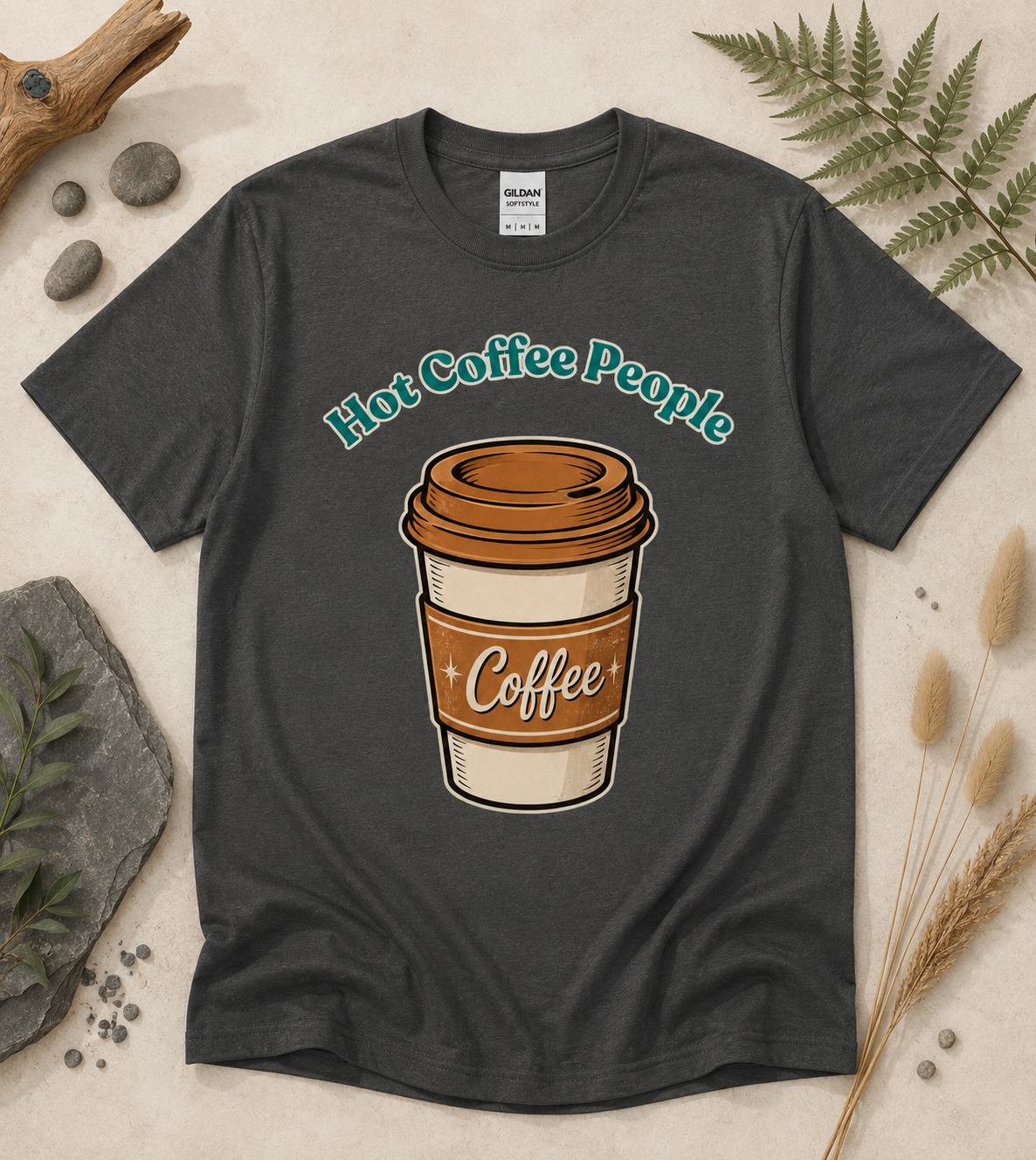 Charcoal gray Hot Coffee People funny caffeine graphic tee featuring vintage coffee cup illustration stylish unisex coffee apparel for coffee lovers and latte fans