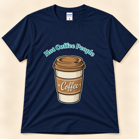 Navy Gildan 5000 Hot Coffee People tee featuring a vintage inspired hot coffee cup design for coffee lovers from New Chapter Tees, a California small business.