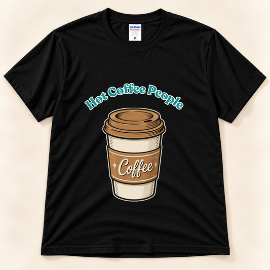 Black Gildan 5000 Hot Coffee People graphic tee featuring a retro hot coffee cup design for coffee lovers from New Chapter Tees, a California small business.