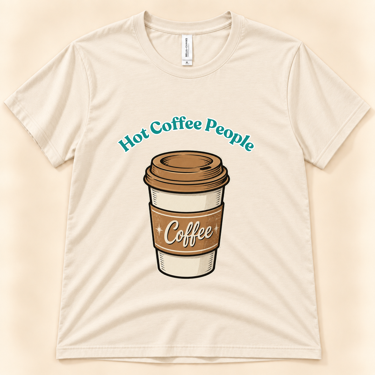 Natural Bella Canvas 3001 Hot Coffee People graphic tee with a retro takeaway coffee cup design for hot coffee lovers from New Chapter Tees, a California small business.