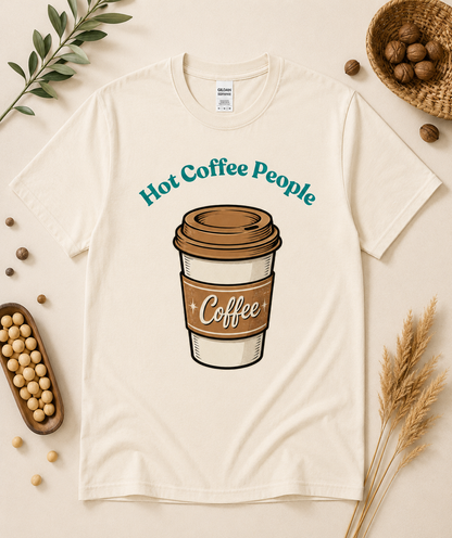 Natural beige Hot Coffee People coffee graphic shirt featuring retro hot coffee cup artwork cozy neutral coffee aesthetic outfit for café lovers and caffeine fans