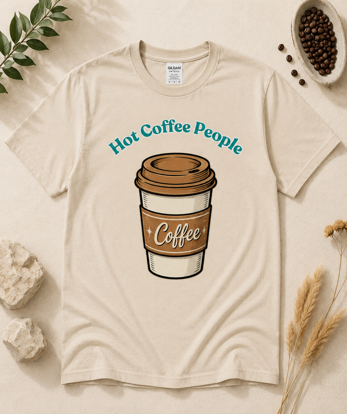 Sand Hot Coffee People unisex coffee lover tee with cozy hot coffee cup graphic trendy café inspired aesthetic shirt for coffee shop outfits and casual everyday wear