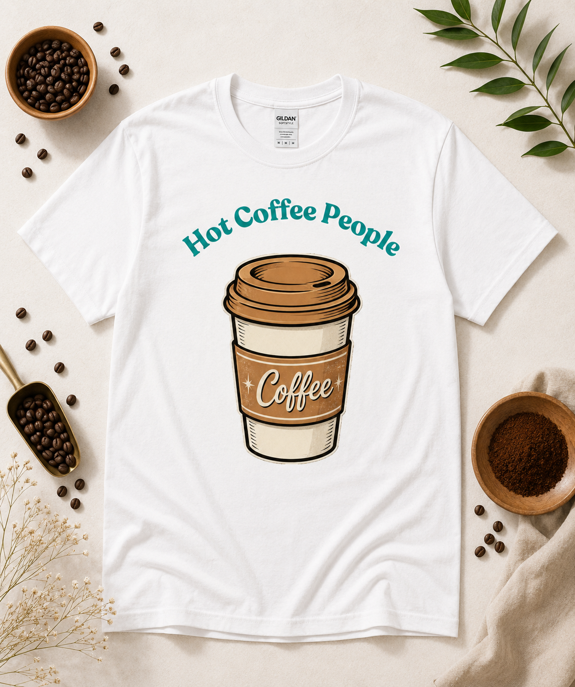 White Hot Coffee People coffee lover graphic tee featuring minimal retro hot coffee cup design cozy unisex café aesthetic shirt for caffeine lovers