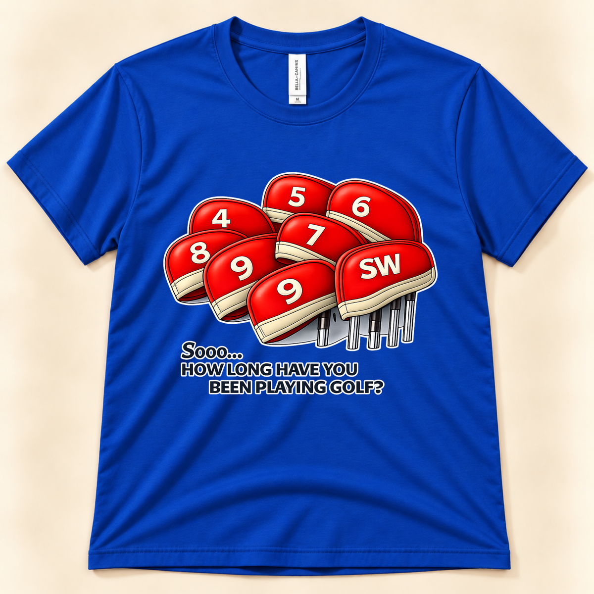 True Royal Bella Canvas 3001 funny golf shirt featuring red golf club headcovers numbered 4 through 9 and SW, made for golf lovers by New Chapter Tees, a California small business.