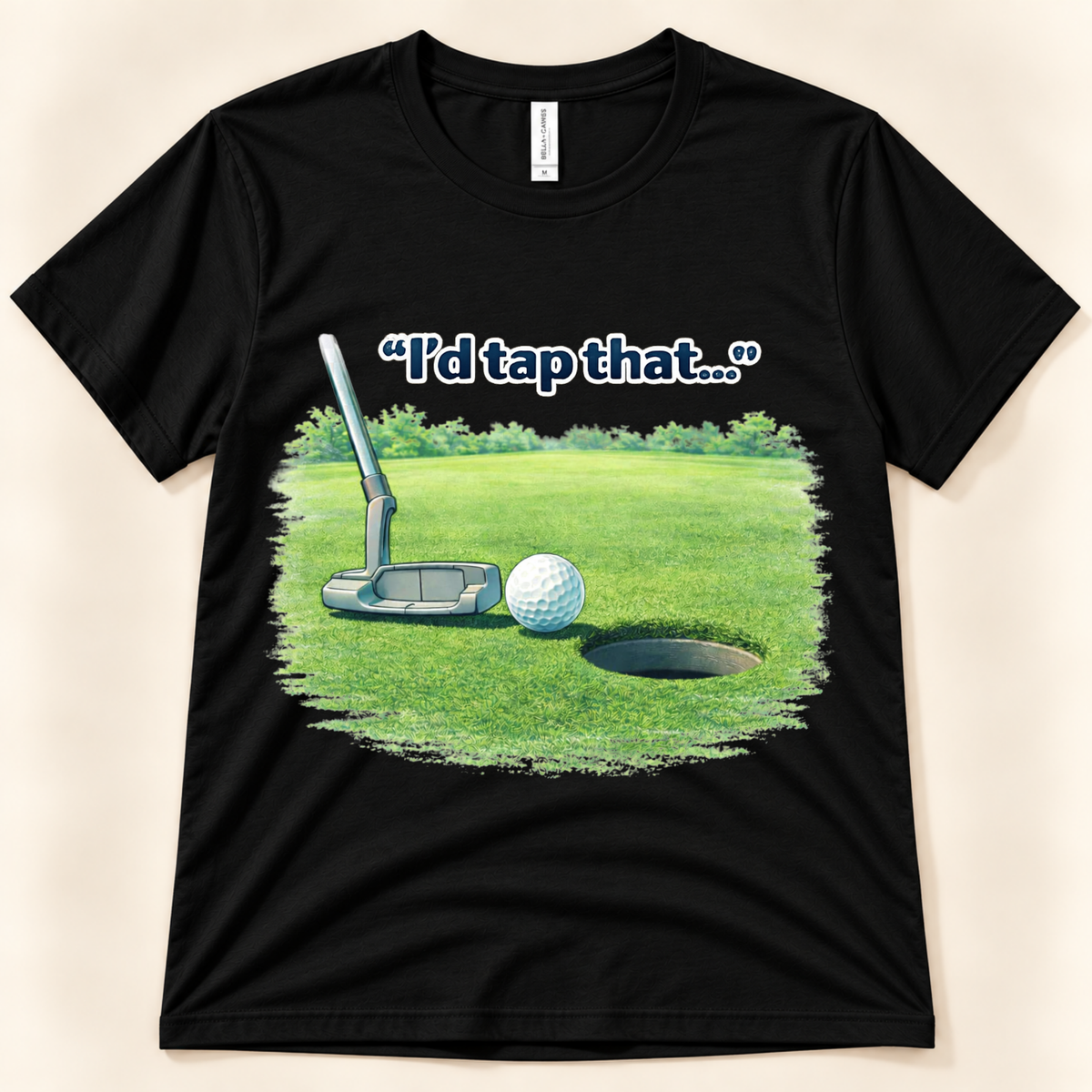 Black Bella Canvas 3001 I’d Tap That funny golf tee featuring a putter, golf ball and putting green from New Chapter Tees, a California small business.