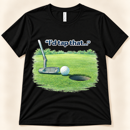 Black Bella Canvas 3001 I’d Tap That funny golf tee featuring a putter, golf ball and putting green from New Chapter Tees, a California small business.