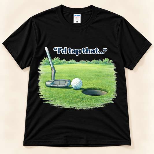 Black Gildan 5000 I’d Tap That funny golf tee featuring a putter, golf ball and putting green for golf lovers from New Chapter Tees, a California small business.
