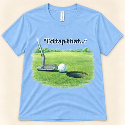 Carolina Blue Bella Canvas 3001 I’d Tap That golf graphic tee featuring a putter and golf ball beside the hole for golfers from New Chapter Tees, a California small business.