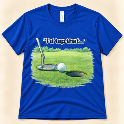 True Royal Bella Canvas 3001 funny I’d Tap That golf shirt featuring a putter, golf ball and putting green from New Chapter Tees, a California small business.