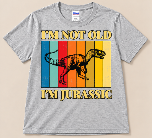 Sport Gray Gildan 5000 I’m Not Old I’m Jurassic Tee with colorful retro stripes and dinosaur, funny aging graphic shirt
