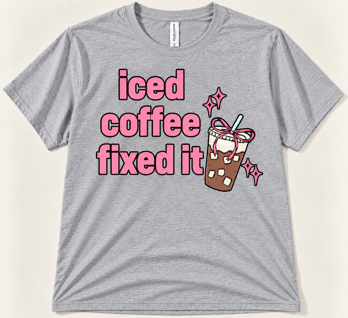 Athletic heather Iced Coffee Fixed It tee with pink text and cute iced coffee graphic