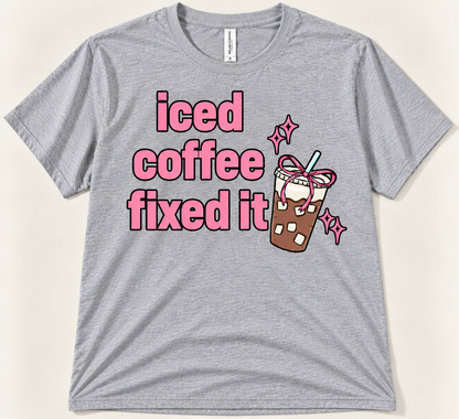 Athletic heather Iced Coffee Fixed It tee with pink text and cute iced coffee graphic