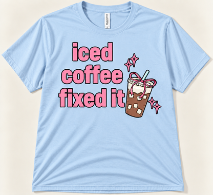 Baby blue Iced Coffee Fixed It tee with pink lettering and cute iced coffee graphic