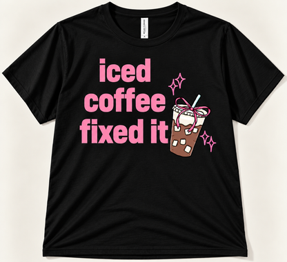 Black premium Iced Coffee Fixed It tee with pink text and cute iced coffee design