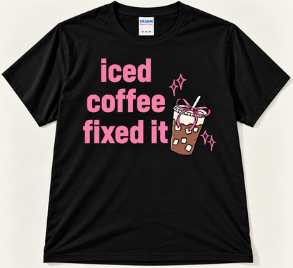 Black Iced Coffee Fixed It graphic tee with pink lettering and cute iced coffee design