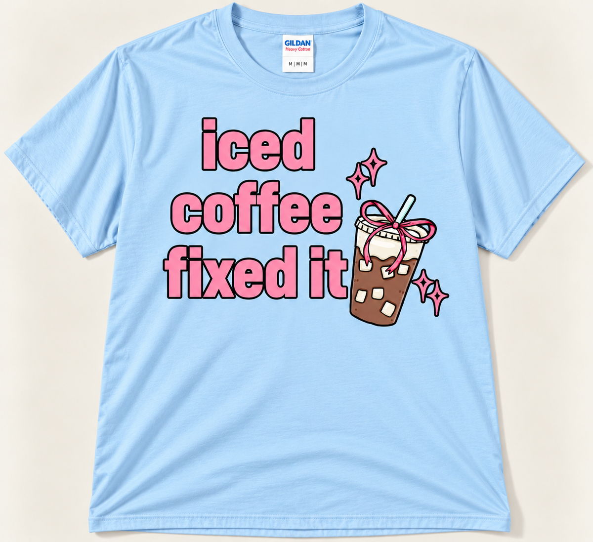 Light blue Iced Coffee Fixed It tee with pink lettering and cute iced coffee graphic
