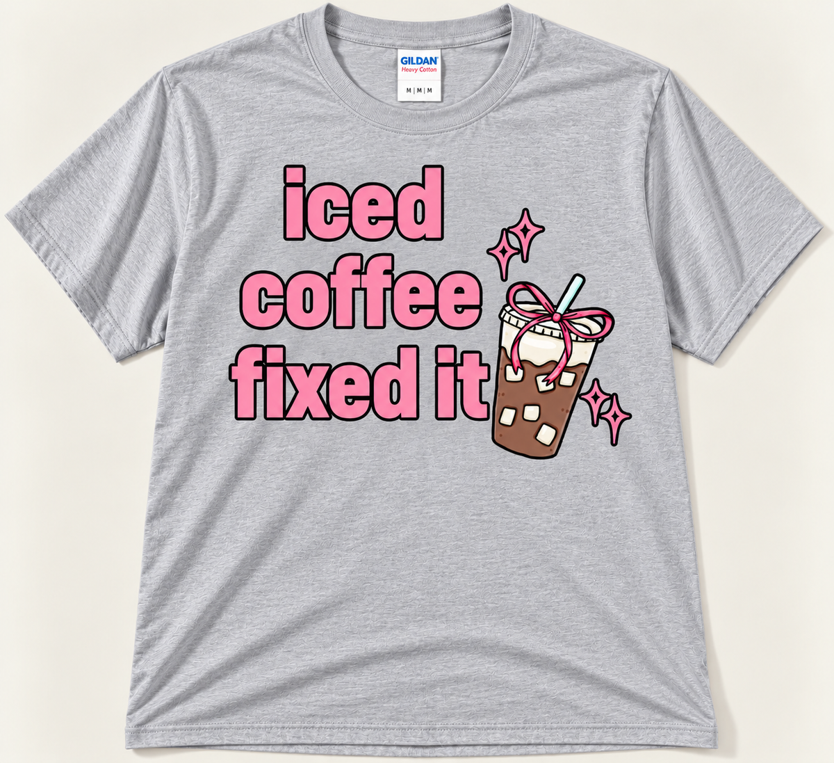 Sport gray Iced Coffee Fixed It graphic tee with pink text and cute iced coffee design
