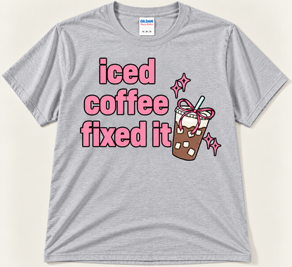 Sport gray Iced Coffee Fixed It graphic tee with pink text and cute iced coffee design