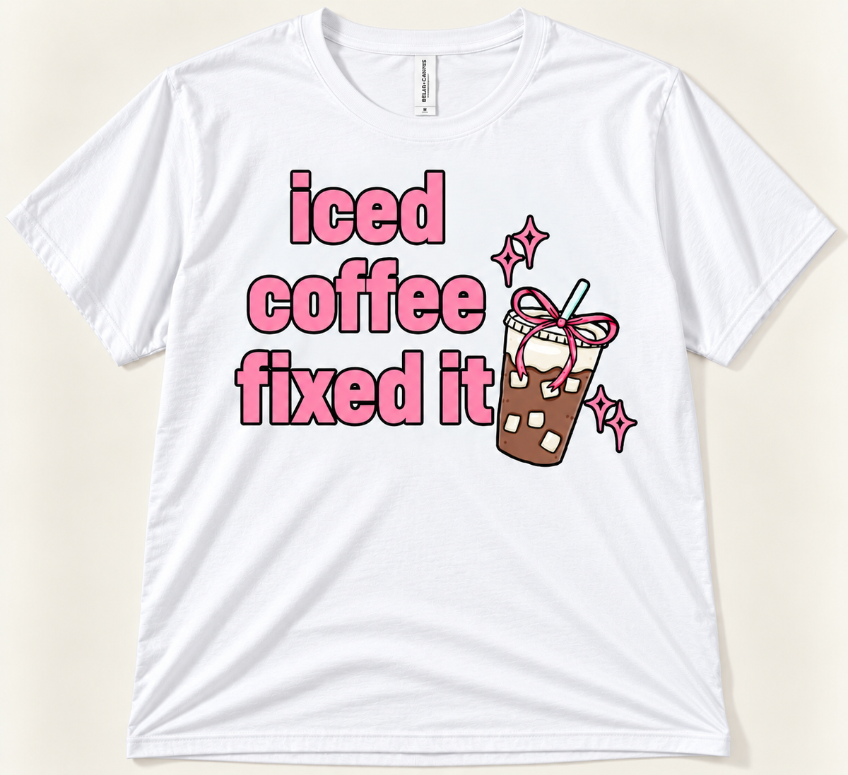 White premium Iced Coffee Fixed It tee with pink lettering and cute coffee graphic