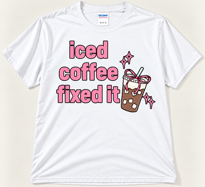 White Iced Coffee Fixed It tee with pink text and cute bow iced coffee graphic
