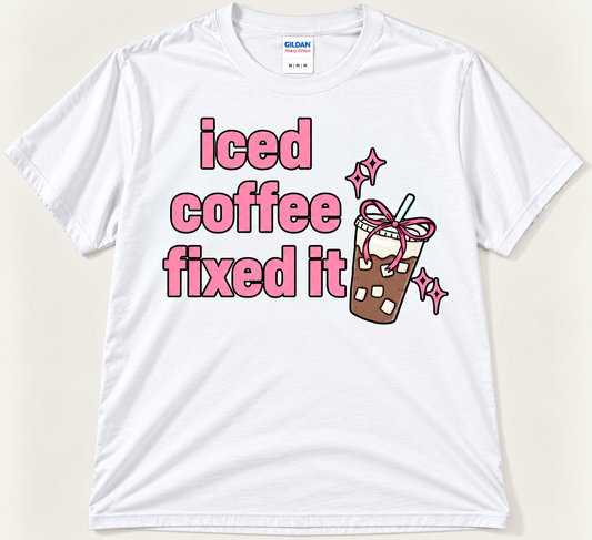 White Iced Coffee Fixed It tee with pink text and cute bow iced coffee graphic