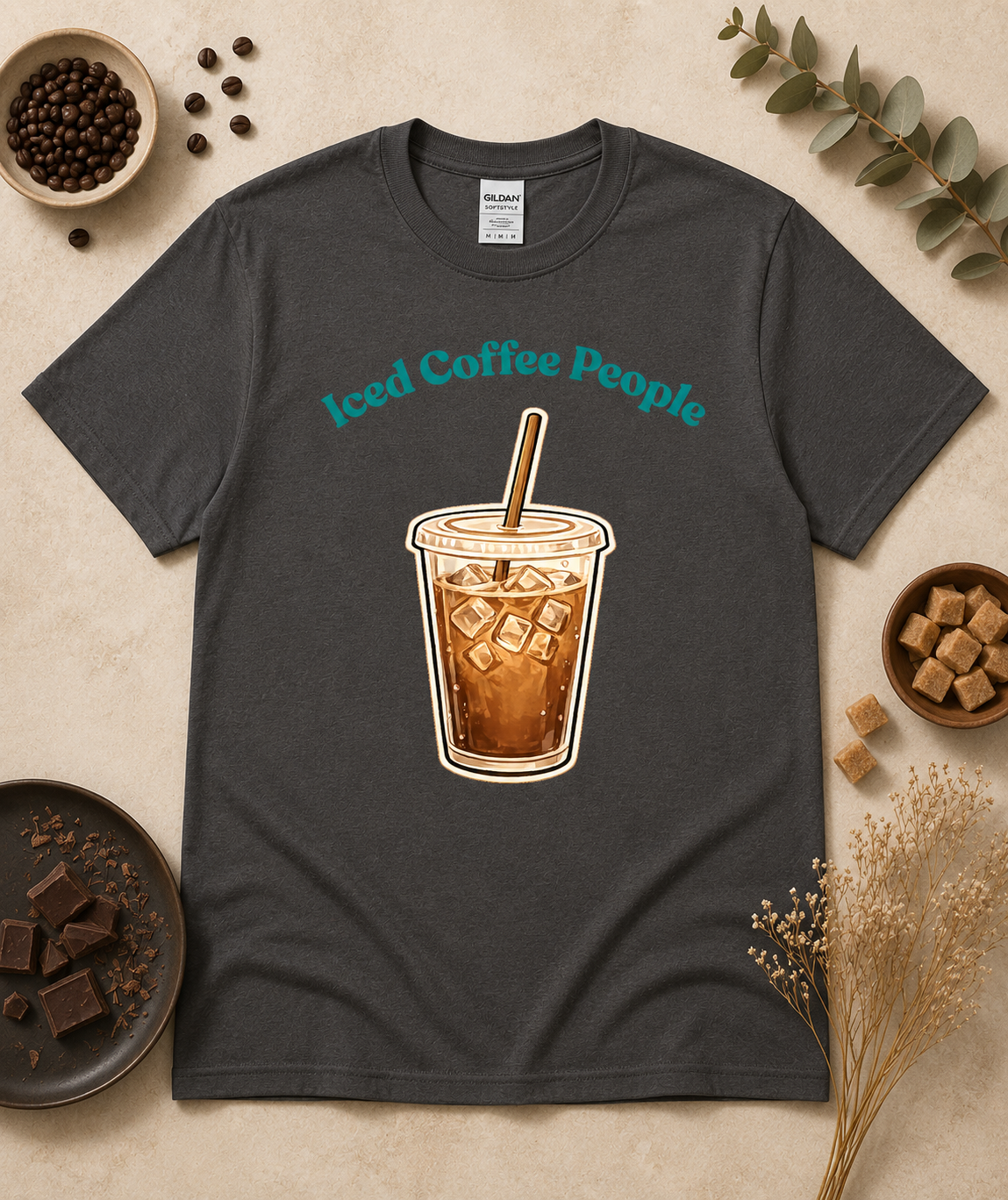 Charcoal gray Iced Coffee People unisex coffee graphic tee with iced cold brew design and cozy coffee styling