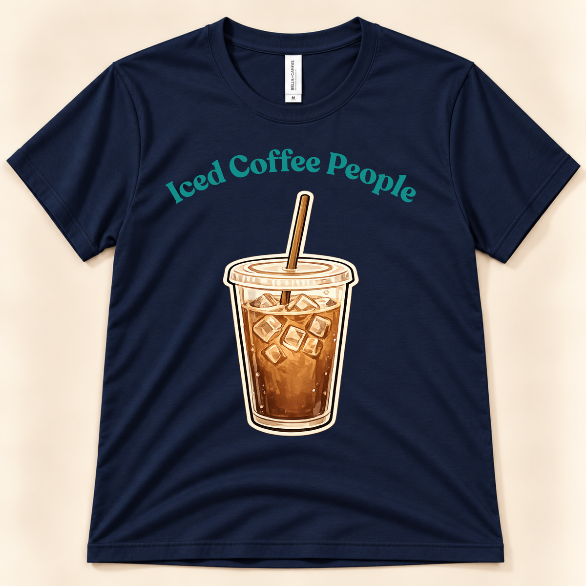 Navy Bella Canvas 3001 Iced Coffee People tee with a retro iced coffee cup and straw graphic for coffee lovers from New Chapter Tees, a California small business.
