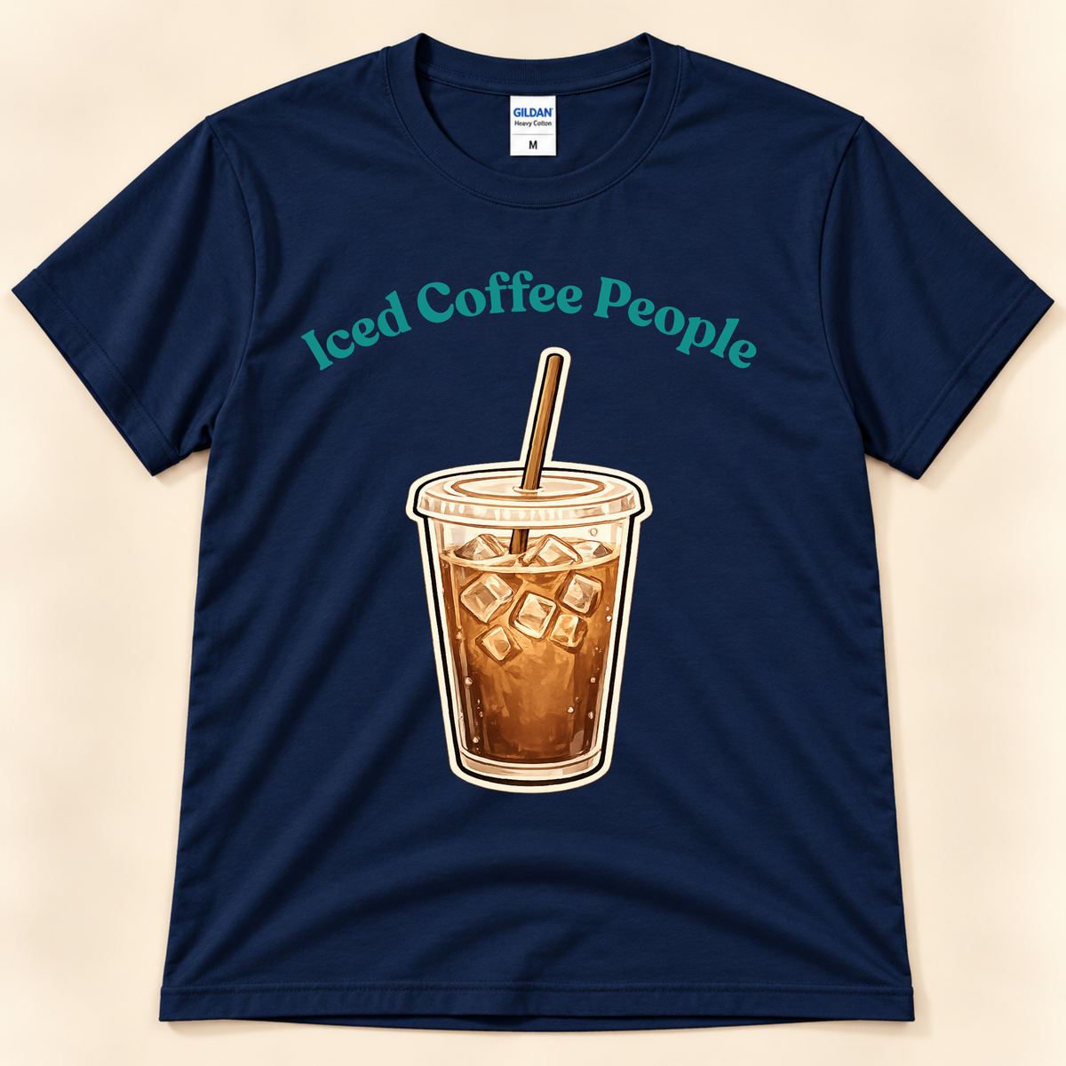 Navy Gildan 5000 Iced Coffee People tee featuring a cold iced coffee cup and straw design for iced coffee lovers from New Chapter Tees, a California small business.
