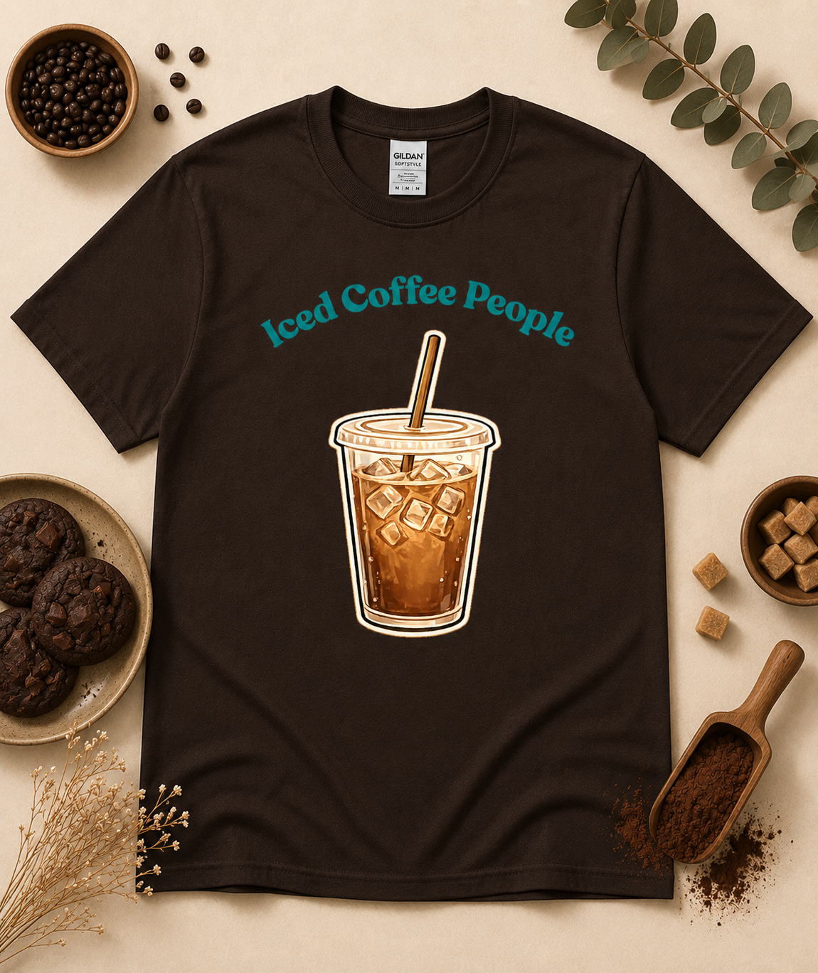 Dark Chocolate brown Iced Coffee People coffee lover shirt featuring iced coffee cup artwork and café themed props