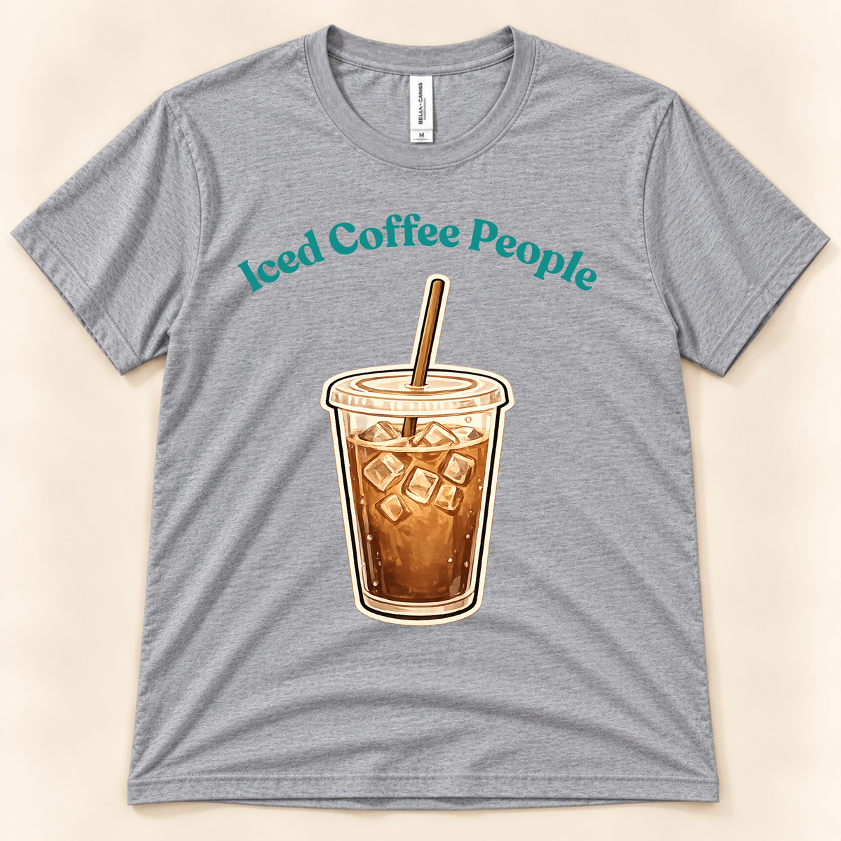 Athletic Heather Bella Canvas 3001 Iced Coffee People tee featuring a retro iced coffee cup graphic for iced coffee lovers from New Chapter Tees, a California small business.