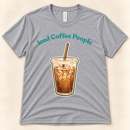 Athletic Heather Bella Canvas 3001 Iced Coffee People tee featuring a retro iced coffee cup graphic for iced coffee lovers from New Chapter Tees, a California small business.