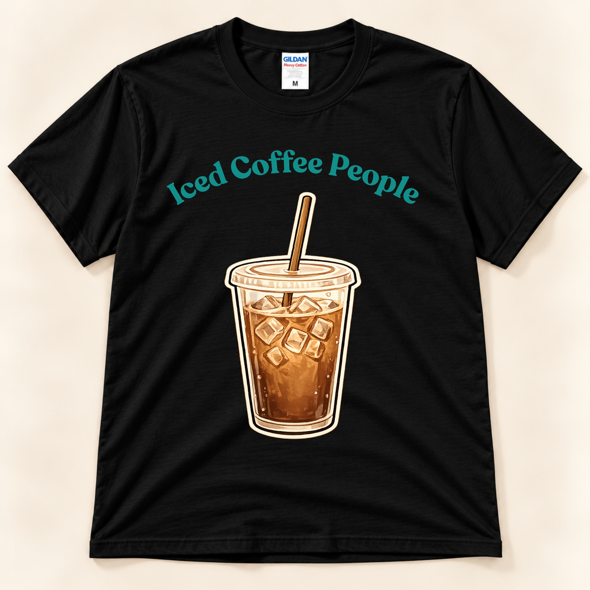 Black Gildan 5000 Iced Coffee People graphic tee featuring a retro iced coffee cup with ice and straw for iced coffee lovers from New Chapter Tees, a California small business.