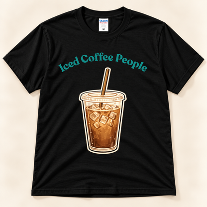 Black Gildan 5000 Iced Coffee People graphic tee featuring a retro iced coffee cup with ice and straw for iced coffee lovers from New Chapter Tees, a California small business.